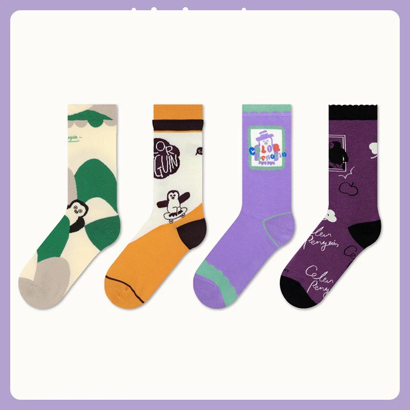 

5 pairs of cute socks Female autumn and winter pinguin black cartoon illustration wind tube socks combed cotton