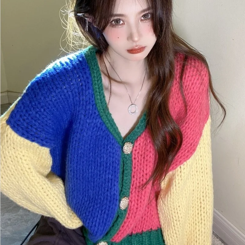 

Cardigan sweater contrast color sweater women coat 2023 autumn and winter new loose V-neck sweet knitted sweater women tops
