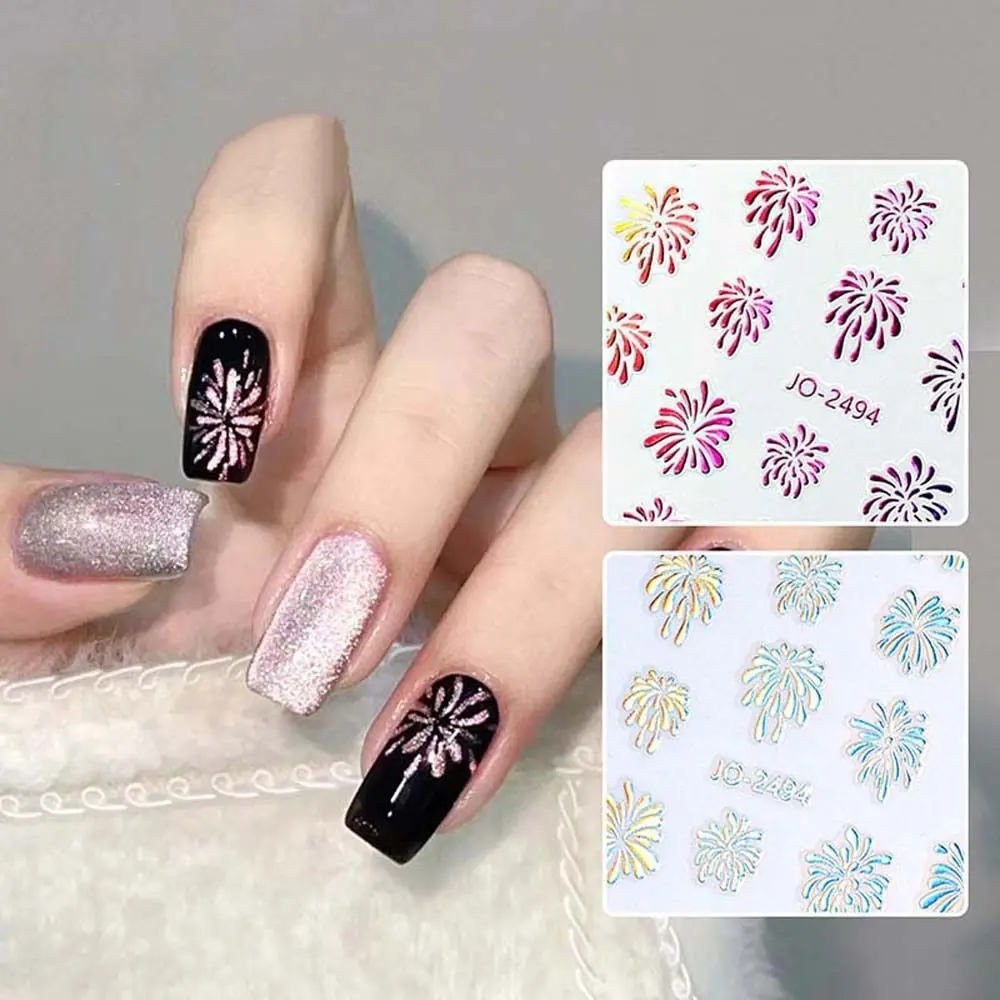 

1Pc Holographic Fireworks Nail Art Stickers Laser Design Gold Silver Colorful Fireworks Sliders New Year Manicure Decors