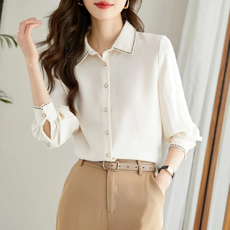 

New Turn Down Collar Woman Tops Chic Clothes Elegant Chiffon Blouse Women Fashion Long Sleeve Button Up Women's Shirts 29502