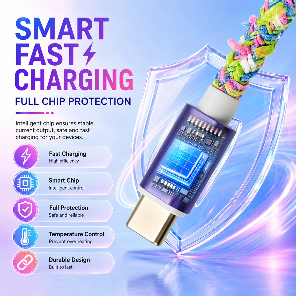 Фото Кабель Beixy USB Type C 3 м для быстрой зарядки Samsung, Xiaomi, OnePlus, ноутбуков, яркий плетеный кабель USB C для зарядки и передачи данных. №5