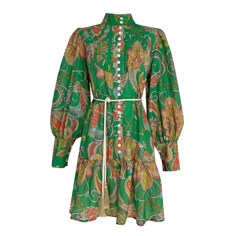 

Fashion Print Dress For Women Stand Collar Lantern Sleeve High Waist Colorblock Mini Dresses Female Spring Clothing