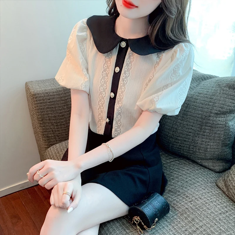 

Женская шифоновая блузка с кружевом, повседневная облегающая блузка с коротким рукавом, лето 2022