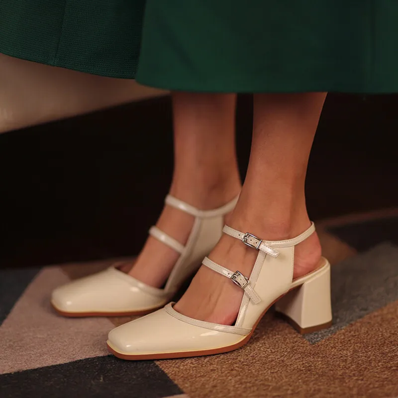

LeShion Of Chanmeb Patent Genuine Leather Sandals Women's Double Buckle Slingback Block High Heels Ladies Party Shoes Beige 2022