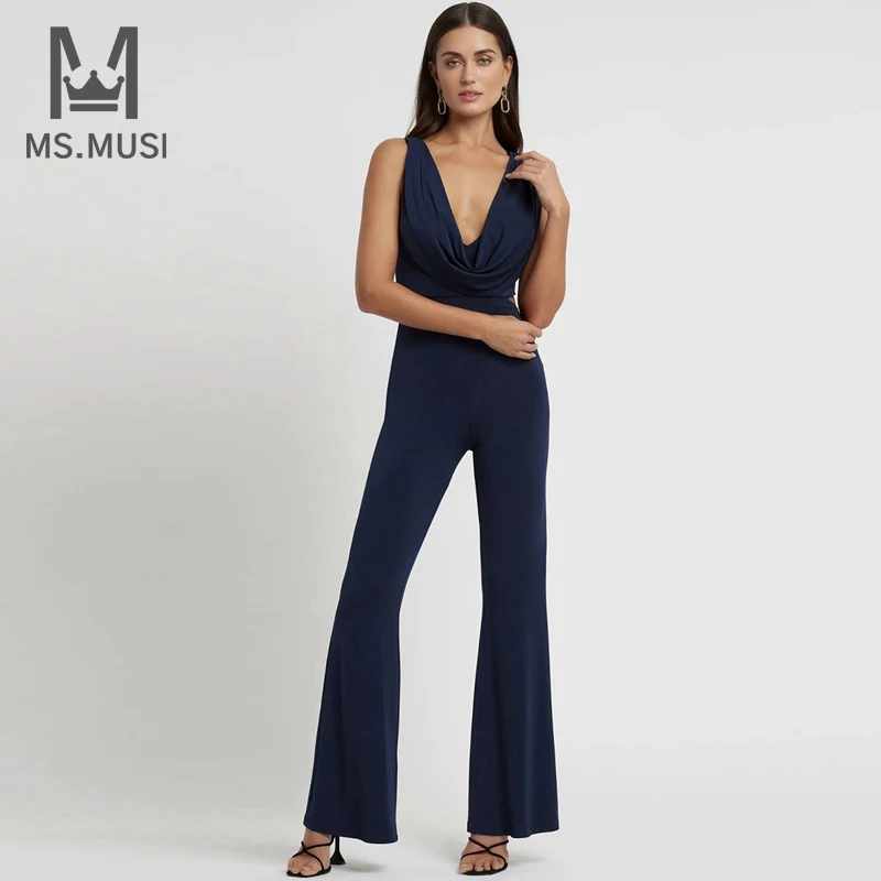 

Новинка 2022, Модный женский сексуальный комбинезон MSMUSI с глубоким V-образным вырезом, без рукавов, с драпировкой, с открытой спиной, для вечерние ринки, клуба, комбинезон с расклешенными брюками