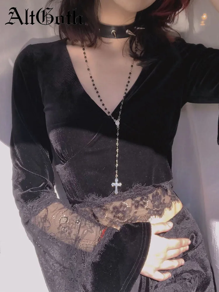 AltGoth Pastel Goth Velvet T-shirt Women Streetwear Dark Gothic Lace Patchwork Flare Sleeve Tee Tops Y2k Mall Goth V-neck Outfit
