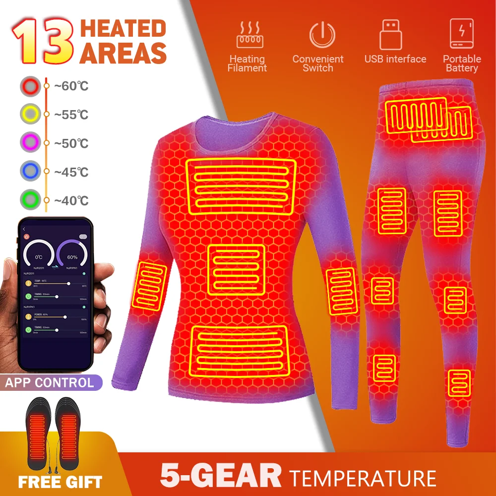 

Winter Man Heated Ski Thermal Tops clothing APP Control Temperature USB Battery Powered Heated Skiing Thermal Underwear Fleece
