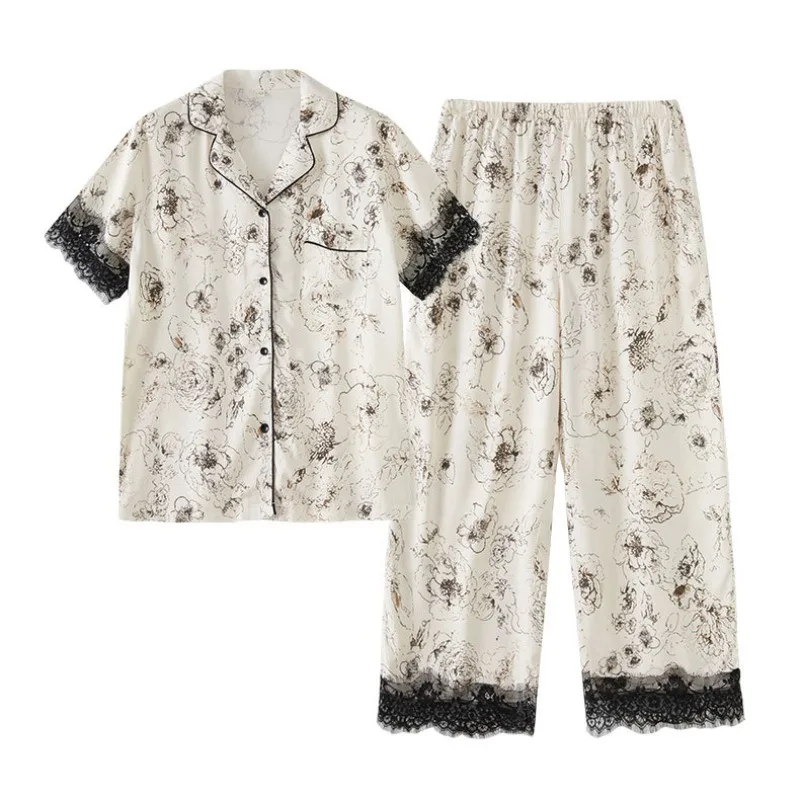 Лето 2024 Женский Атласный пижамный комплект из двух предметов с кружевными