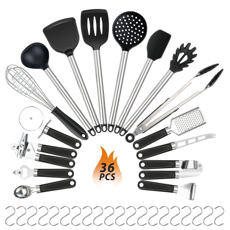 

Silicone Cooking Utensil Set, 36pcs Silicone Cooking Kitchen Utensils Set, Non-Stic, Black