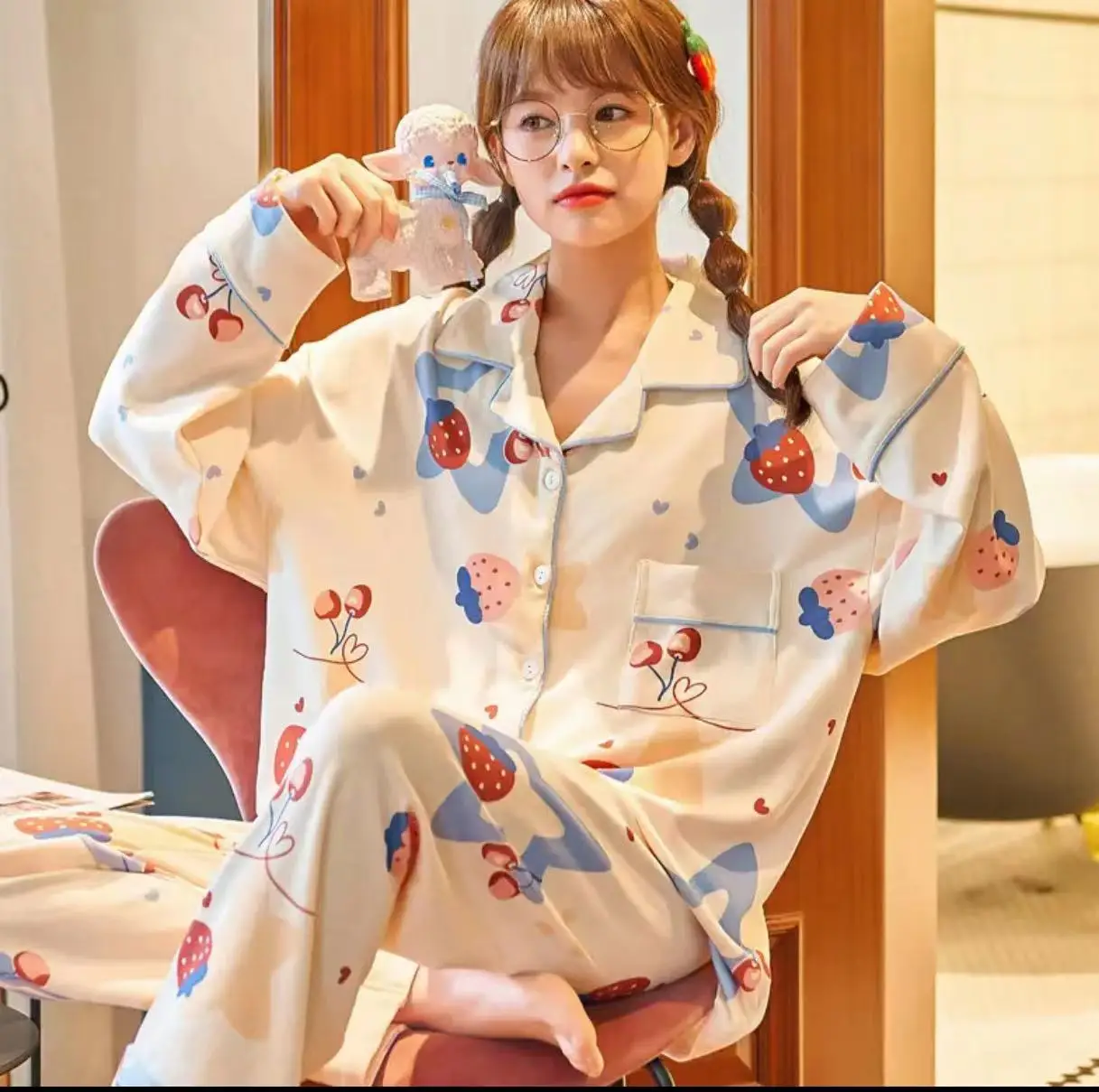 CAIYIER 2022 New Leopard Grain Sexy Nightwear Female Long Sleeve Casual Sleepwear Kawaii Cartoon Winter Girls Home Clothing