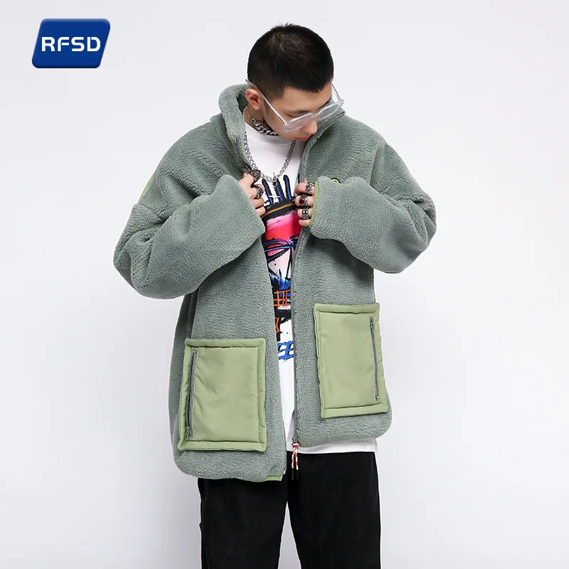 Autumn and winter color-blocking large pocket lamb wool jacket men's loose thickening all-match Men's winter jackets parkas