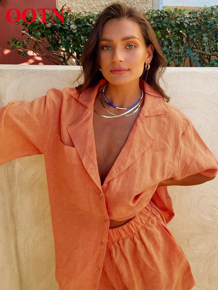 

OOTN/повседневный комплект из 2 предметов; Летние костюмы из хлопка и льна с низким вырезом; Тонкая рубашка с короткими рукавами; Женские шорты...