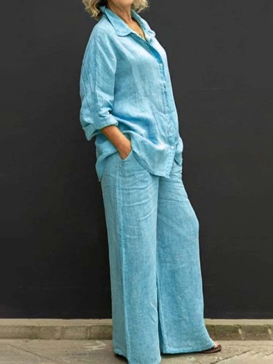 

Women Cotton Linen Suits 2023 Elegant Solid Long Sleeve Shirt Wide Leg Trousers Two Piece Set Female Casual Straight Pants Suits