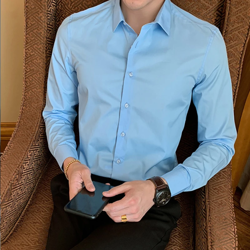 The new four seasons men's long-sleeved shirt cotton non-iron comfortable slim business casual fit fashion solid color shirt