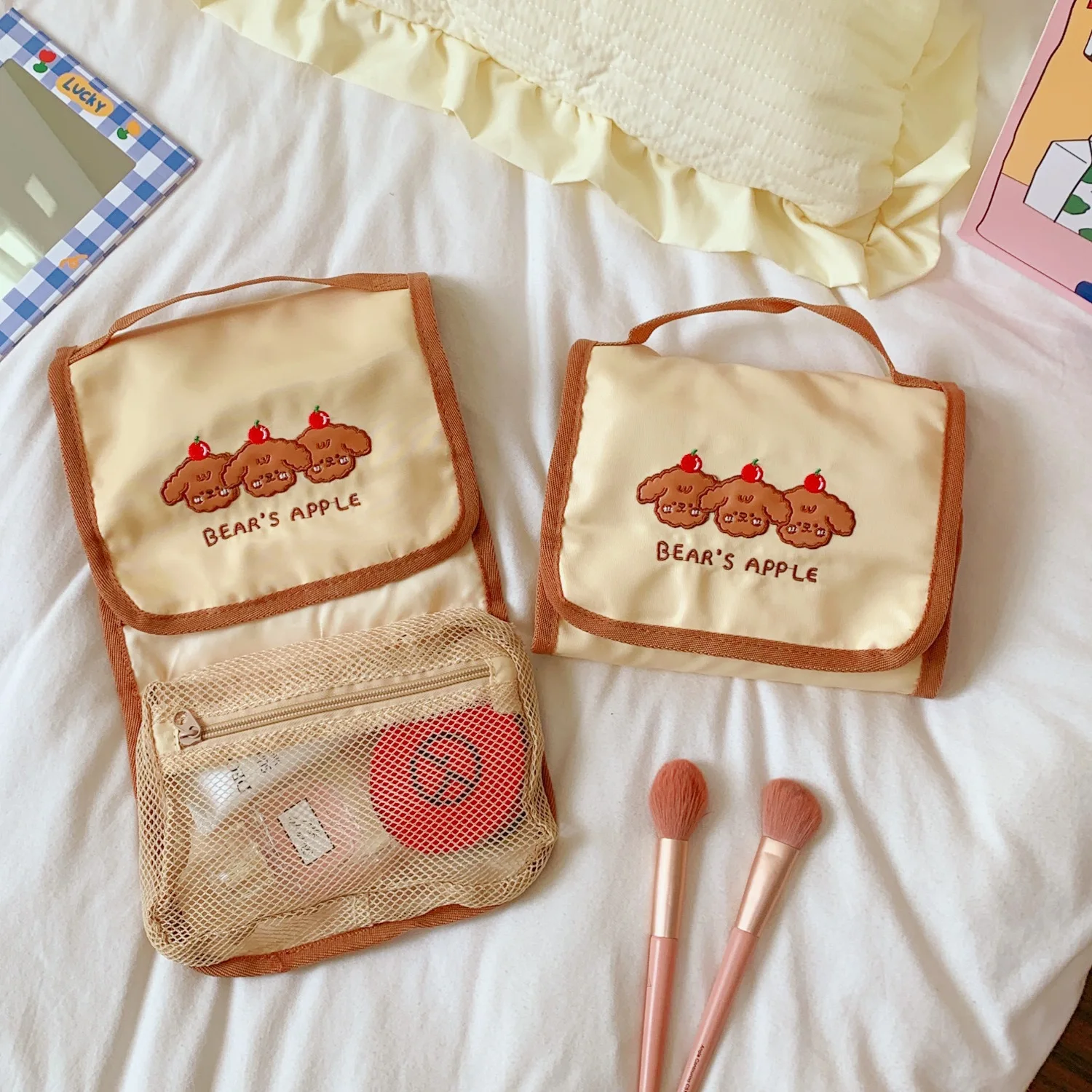 

Women's Cosmetic Bag Folding Travel Organizer Hanging Nylon Cute Bear Mesh Personal Hygiene Japanese Makeup Storage Bag Pouch