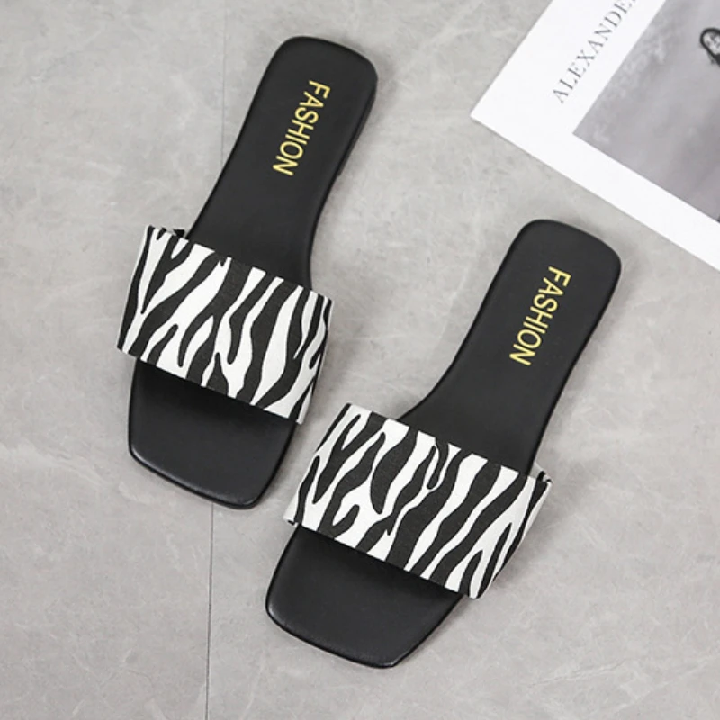 

Low Heel Slippers Women Summer Easy Wears Square Toe Ladies Flat Slippers Black Latest Casual Slip-on Shoes Fashion Elegant 2023