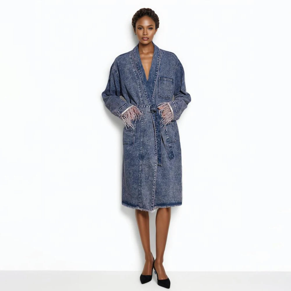 Женское джинсовое платье с перьями v-образным вырезом и длинными рукавами смесь