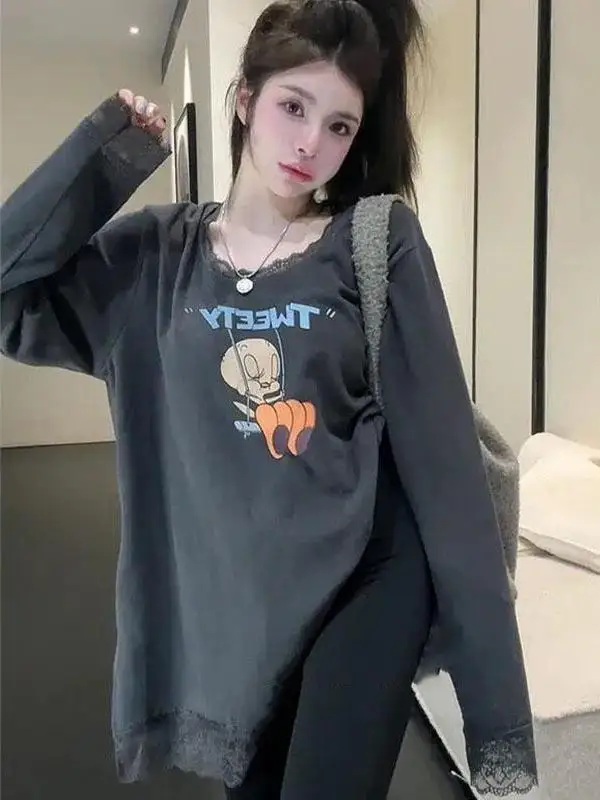 Korean Sle Brushed Lazy Loose Patchwork Lace T-shirt Women Autumn and Winter New Cartoon Print Long sleeve Bottoming Shirt Top
