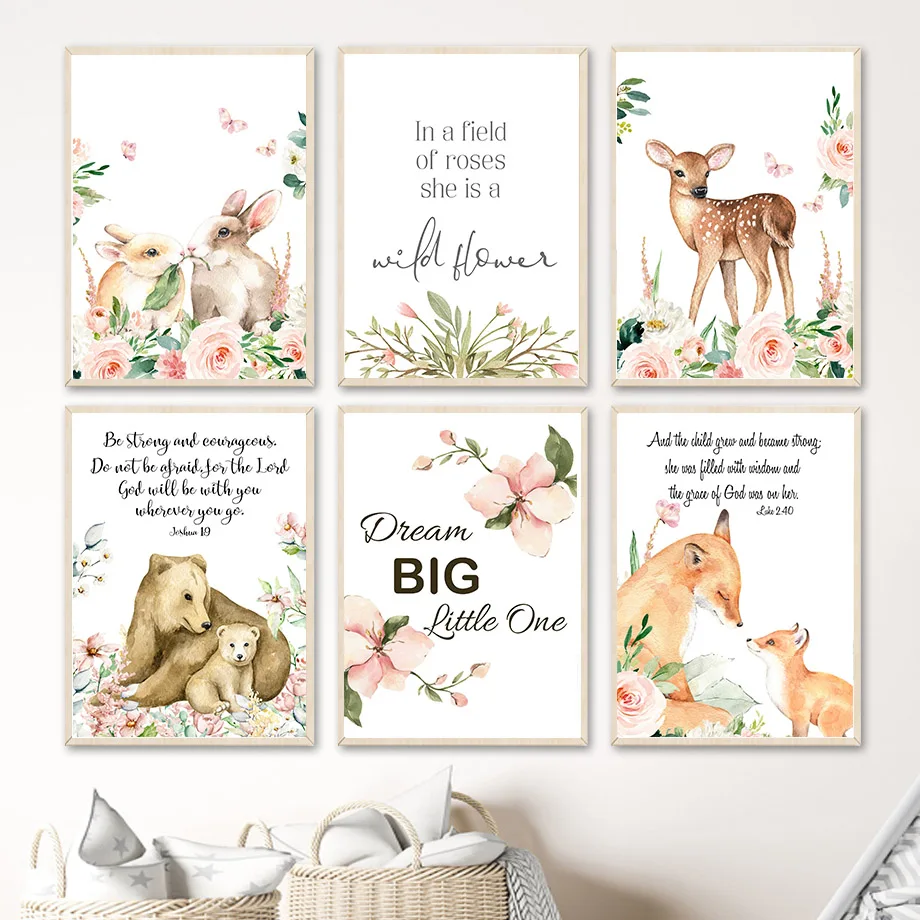 

Кролик лиса енот Олень Медведь собака цветок детская настенная Картина на холсте нордические постеры и искусство Декор детской комнаты