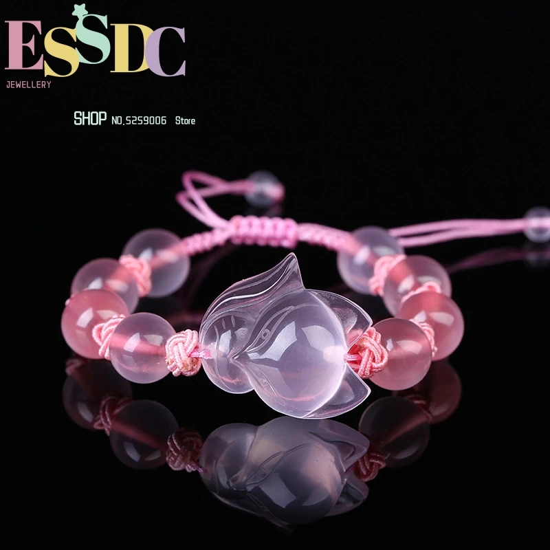 

Chinese Natural Pink Agate Chalcedony Jade Fox Elastic Bracelet Jewellery Hand-Carved Relax Healing Women Man Gift Amulet