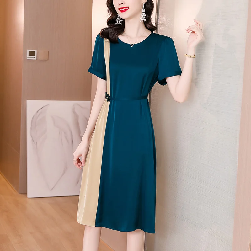 

Женское атласное платье-миди из натурального шелка, легкое повседневное элегантное платье-свитшот контрастных цветов в Корейском стиле, лето 2022