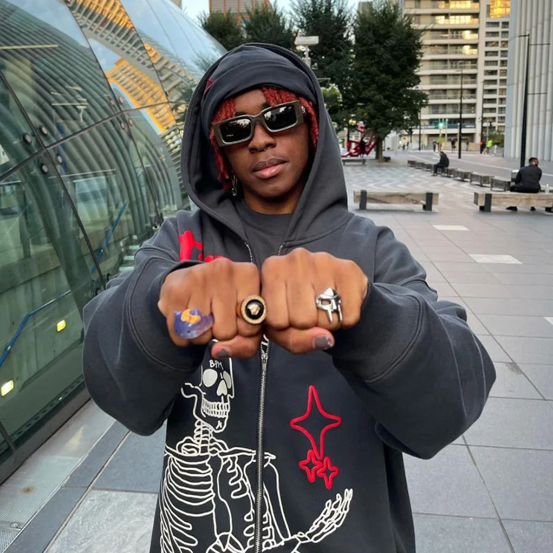 

Свободная Толстовка Y2K в Корейском стиле Харадзюку со скелетом и молнией, готический гранж, куртка с длинным рукавом и капюшоном, черная тол...