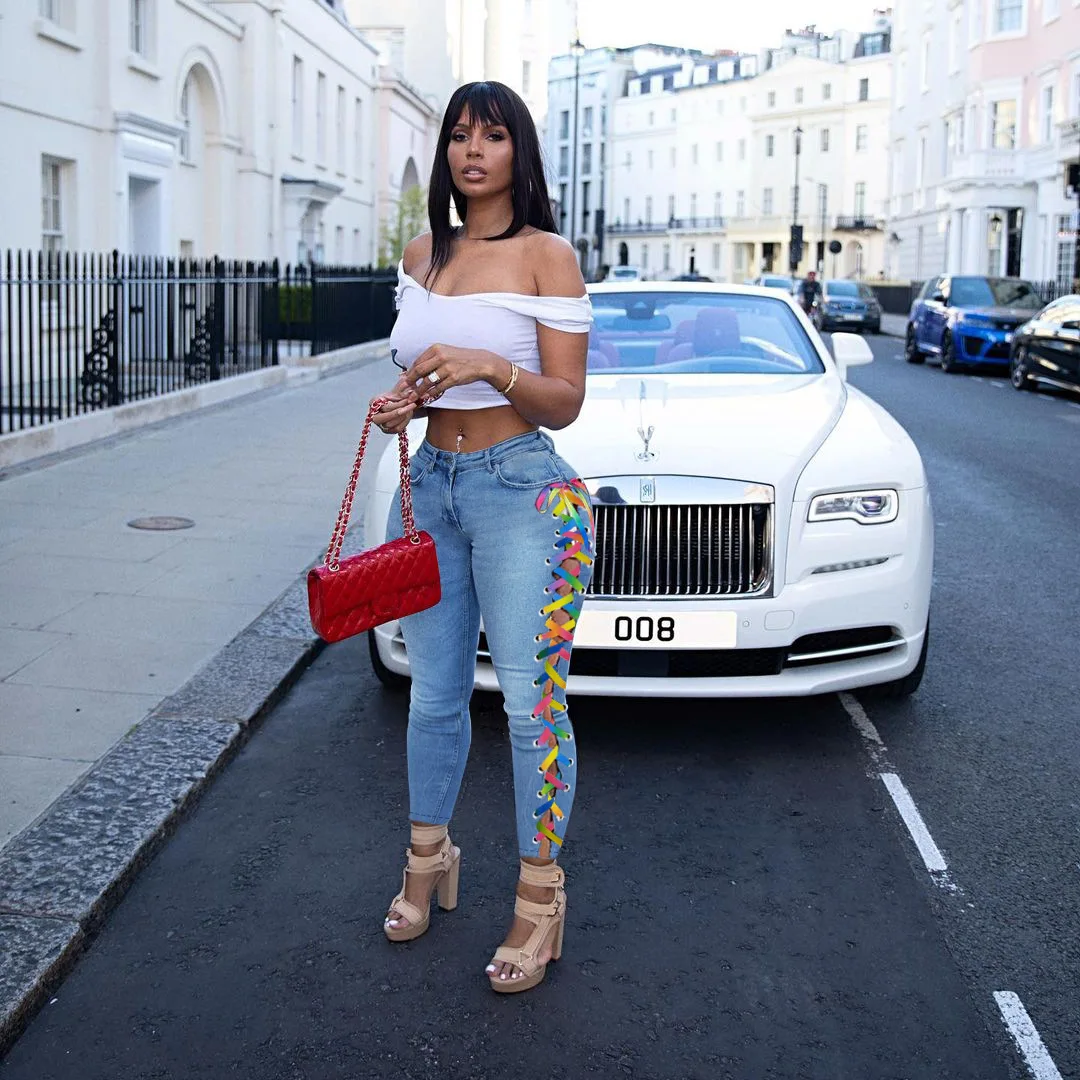 Ladies summer new high-waisted INS street personality color side straps denim pencil pants foreign trade hot pants