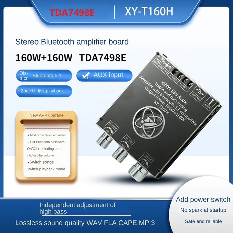 

XY-T160H стерео Bluetooth Плата усилителя мощности TDA7498E 160Wx2 Регулировка высоких басов Двухканальный аудио модуль Super 3116