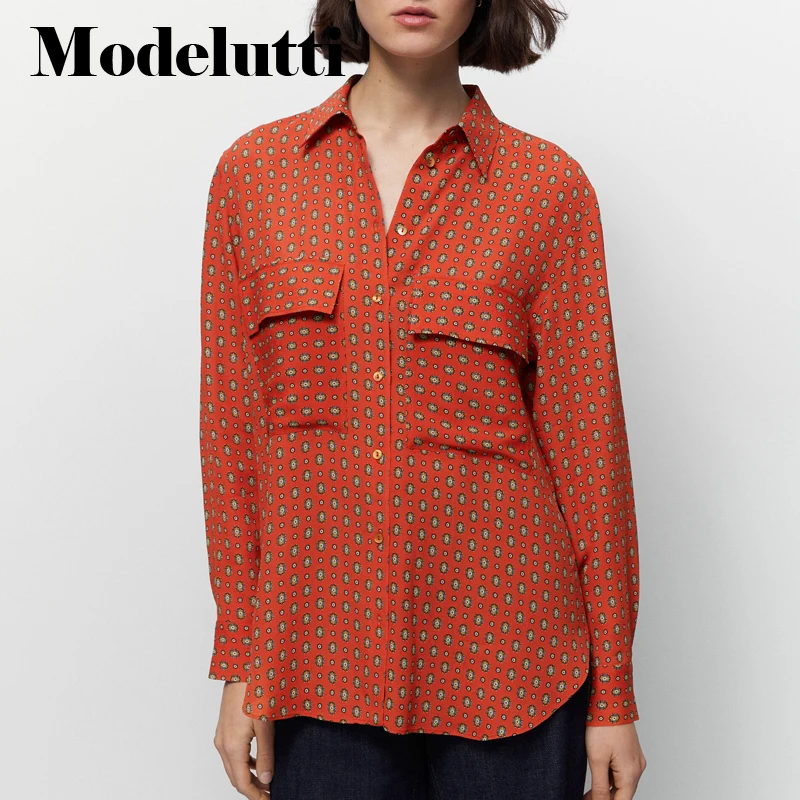 

Modelutti 2022 New Spring Autumn Fashion Long Sleeve Printed Shirt Women Simple Blouses Elegant Temperament Casual Tops Female