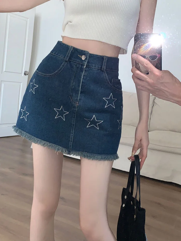 

GDZS Y2K Women's Blue Star Embroidery Denim Skirt Streetwear Vintage High Waist Straight Grunge Short skirts Summer Sexy Casual