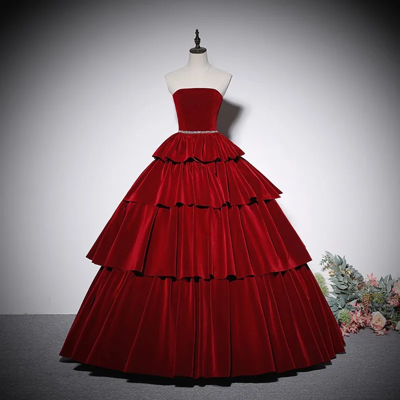 Элегантное элегантное бархатное платье для выступлений бордового цвета