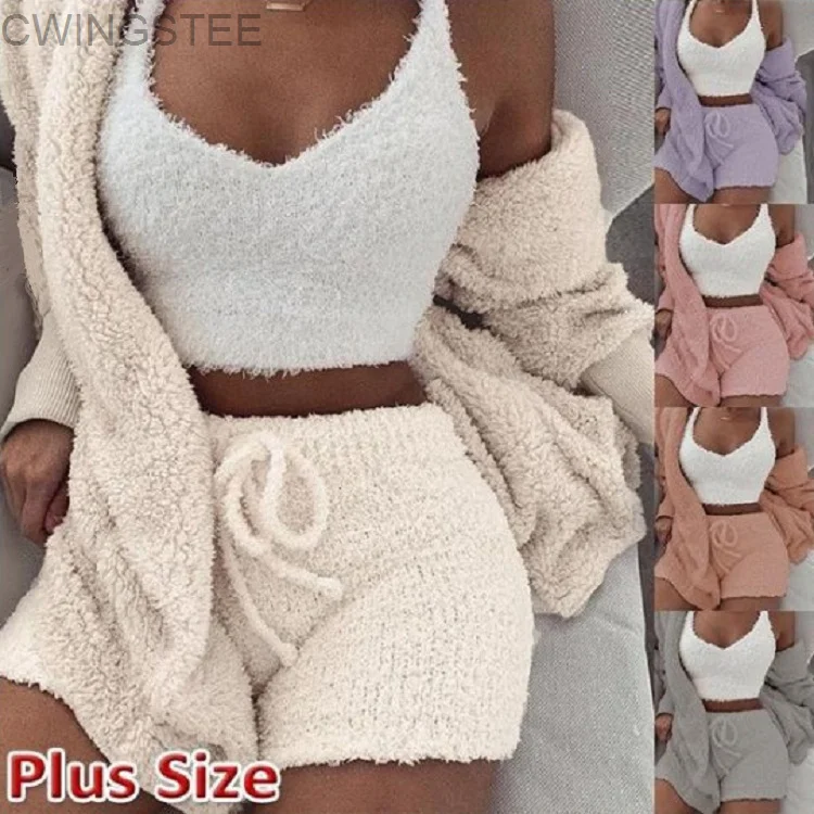 

Fluffy Pajamas Set for Women Casual Sleepwear Tank Top and Shorts Plus Size Hoodie Leisure Homsuit Winter Teddy 3 Pieces Pijamas