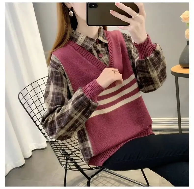 

Fake Two Women's Sweaters Checkered Women's Sweater Striped sweater stripe shirt Autumn Women's Sweater korean fashion win