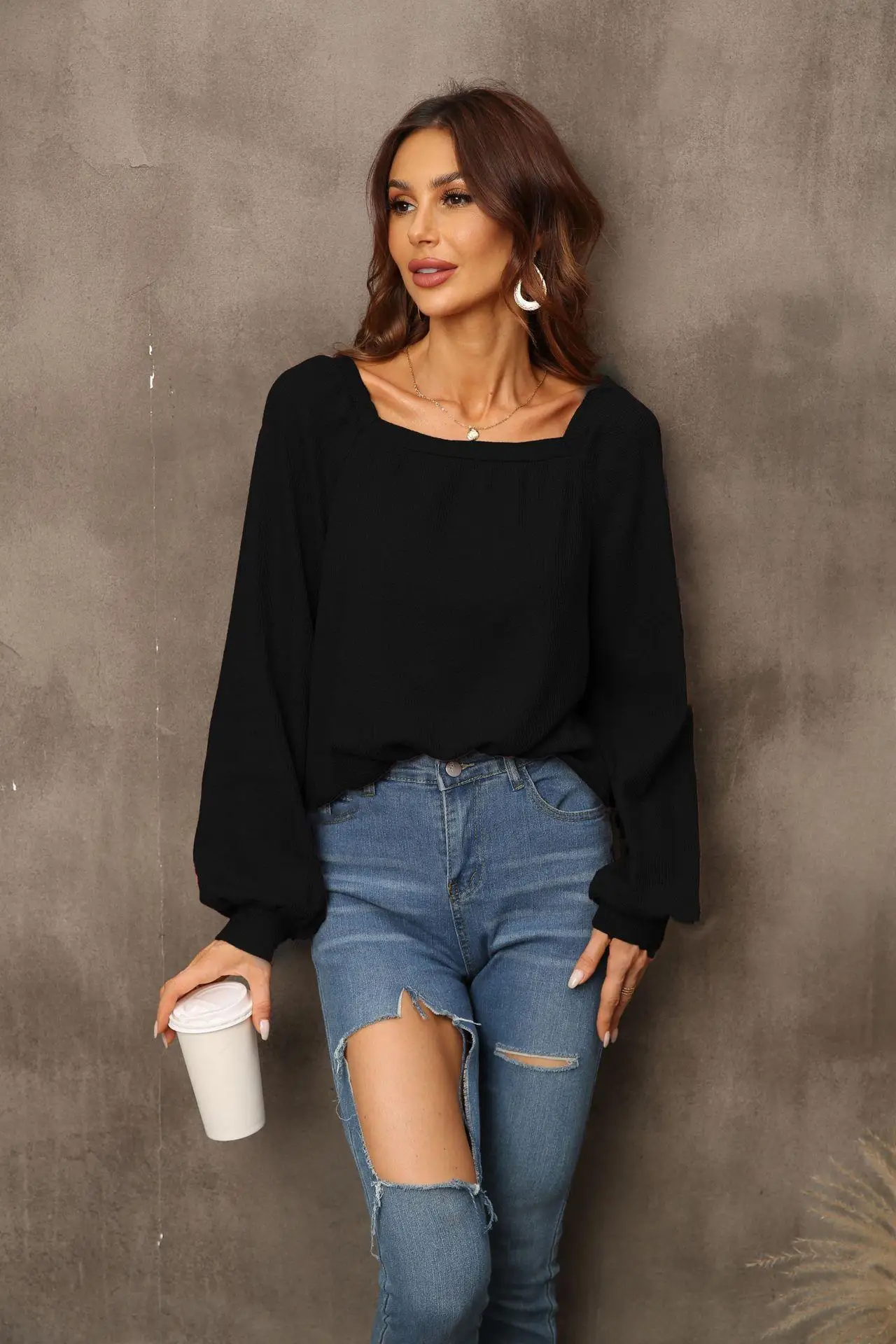 

Women Elegant Autumn Shirt Tops Fashion Female Y2K Long Sleeve Square Collar T-shirt Streetwear Harajuku 2022 Kawaii Clothing