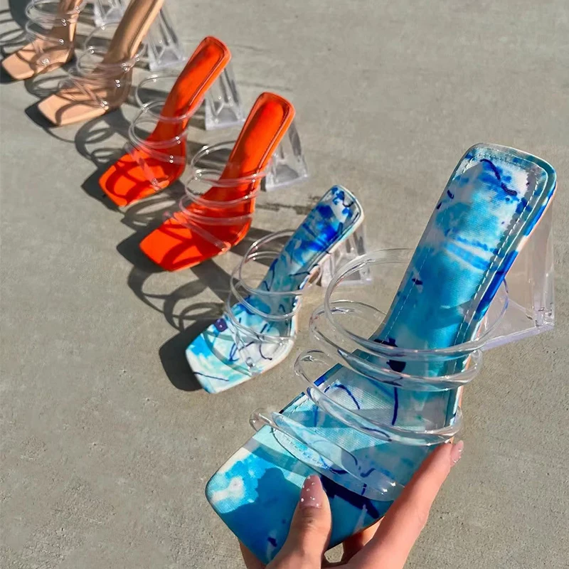 

Big Size Slides Fashion Women High Heels Sandals Transparent Female Square Toe Slippers Ladies Casual Outside Blue Pumps Shoes