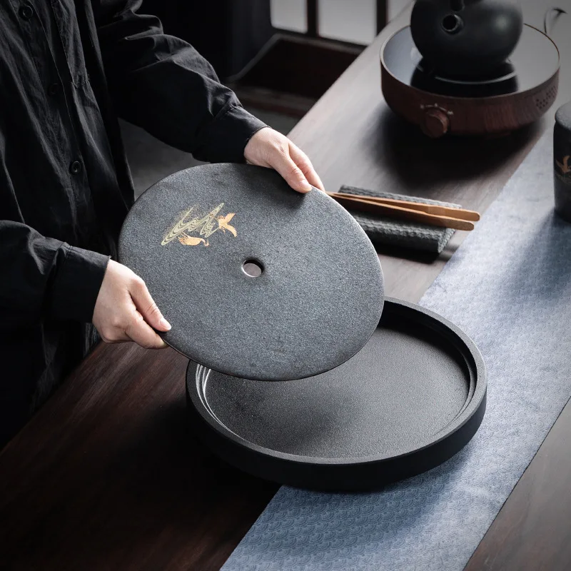 

Black Gold Stone Tea Tray Household Water Storage and Drainage Tea Tray round Simple Ceramic Dry Pour Small Tea Table Stone