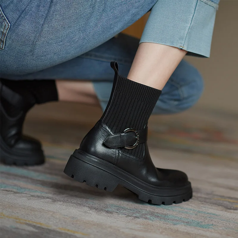 

Nice Spring Autumn Thick-soled Short Boots Leather Women's Boots with Socks All-match Boots Mid-heel Elastic Boots Brown Boots