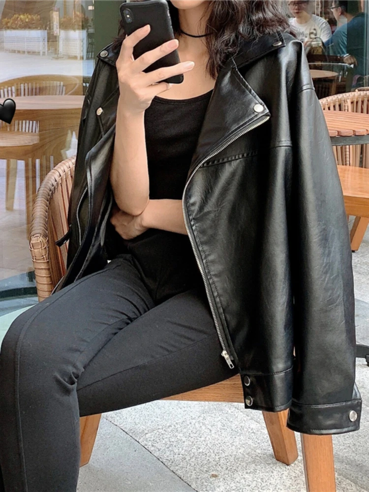 Black Korean Faux Leather Jacket Women Winter Loose Asymmetric Zip Leather Jackets Ladies 2022 Autumn Fashion Outerwear Chic Top