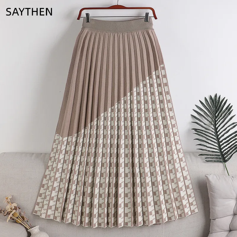 

SAYTHEN Winter Plain Color Simple New Style Stitching Twill Plaid Knitted High Waist Slim Pleated Large Swing A-Line Skirt Women