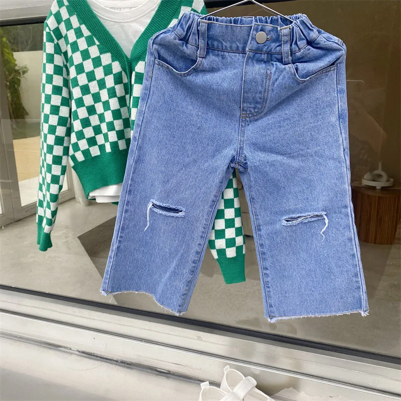 MILANCEL 2022 Spring New Kids Clothes Loose Girls Ripped Jeans Solid Girls Pants Denim Girls Pants