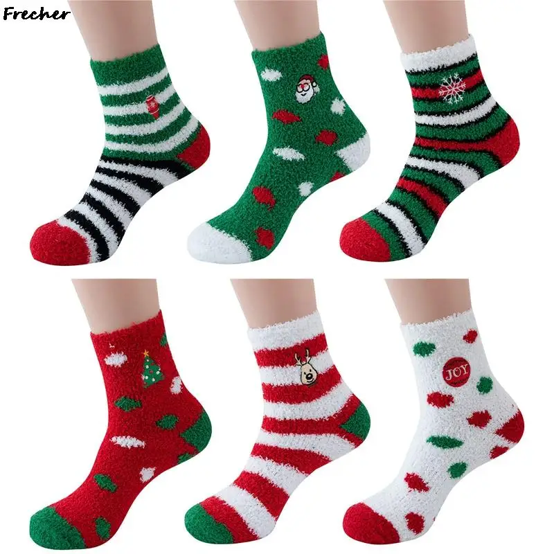 

1 пара толстые плюшевые носки унисекс, новинка 2023, зимняя теплая Коралловая обувь, Санта-Клаус, лось, строительные рождественские забавные н...