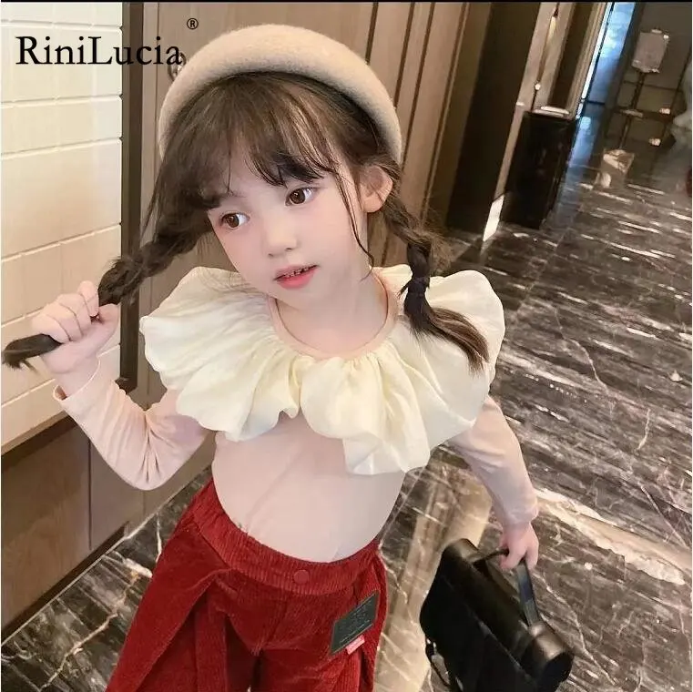 

RiniLucia Princess Autumn New Girls Shirts Kid's T-shirt Peter Pan Collar Casual Fashion Doll Collar Shirt Children's Clothing