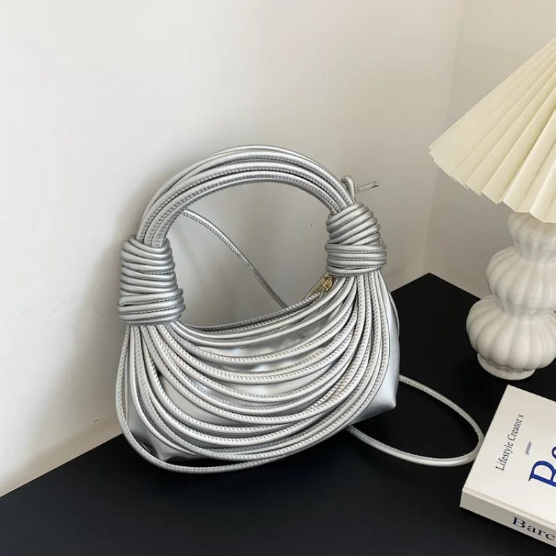 

Novelty Noodle Design Shoulder Bags for Women Stylish Line Knotted Handle Handbag and Purse Female Solid Colour PU Crossbody Bag