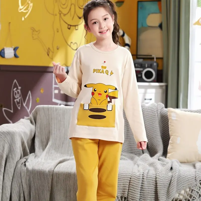 

Детская Пижама для девочек с покемоном Пикачу, тонкая пижама с длинными рукавами и изображением кавайного аниме, комплект домашней одежды