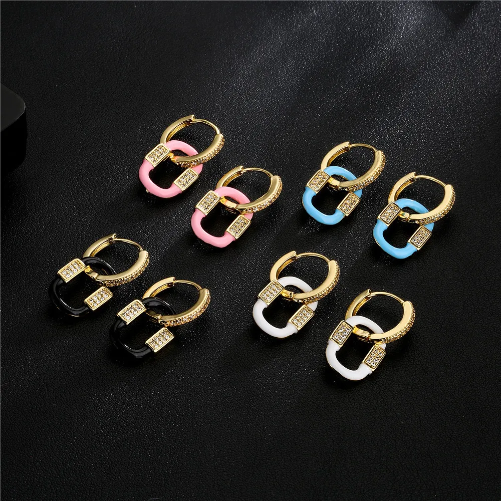 

European And American Atmosphere Simple Retro Color Oil Dripping Zircon Earrings 18K Gold Plated Earrings