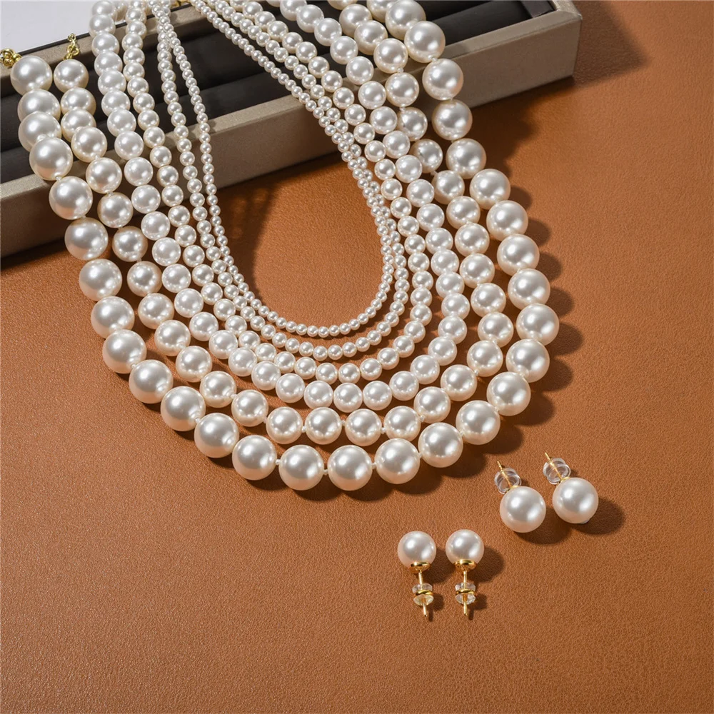 

Korean Fever Same High-End Texture Inset Vintage Round Bright White Pearl Necklace Earrings For Women Trend Brand Charm Jewelr