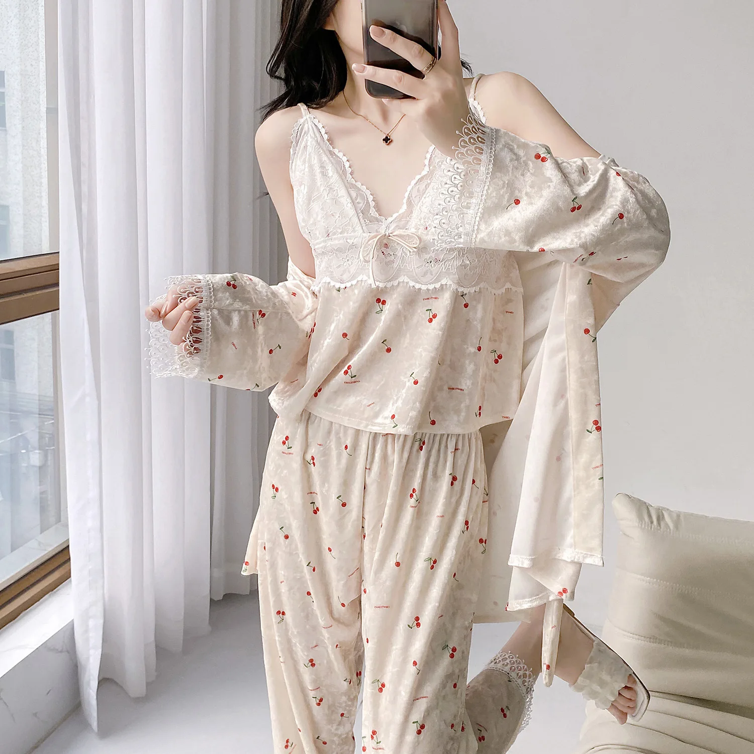 Велюровая одежда для сна с цветочным принтом домашняя осень 2024 новая ночная