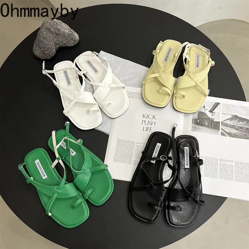 

Clip Toe Women Sandals Casual Flats Heel Narrow Band Ankle Strap Summer Gladiator Shoes Ladies Summer Beach Sandalias
