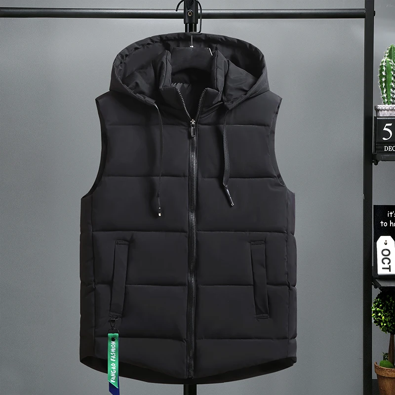 

Nice Pop Autumn Winter Sleeveless Jacket Men Fashion Brand Warm Hooded Zipper Solid Mens Black Vests Plus Size Mens Waistcoat