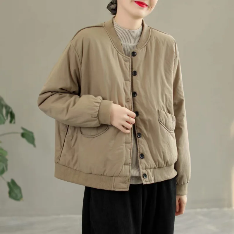 Solid Color Loose Casual Warm Cotton Jacket for Women Autumn Winter 2022 New Fashion Korean Long Sleeve Single Breasted Coat